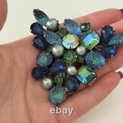 Vintage Kramer Signed Blue Green Molded Glass Rhinestone Big Runway Brooch Pin
