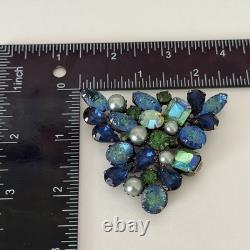 Vintage Kramer Signed Blue Green Molded Glass Rhinestone Big Runway Brooch Pin