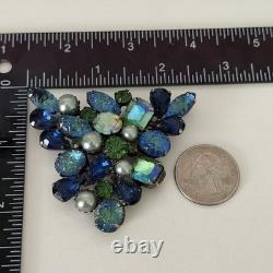 Vintage Kramer Signed Blue Green Molded Glass Rhinestone Big Runway Brooch Pin