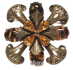 Vintage LES BERNARD Citrine Rhinestone & Striped Art Glass Antique Gold Brooch