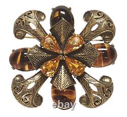Vintage LES BERNARD Citrine Rhinestone & Striped Art Glass Antique Gold Brooch