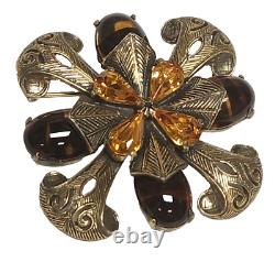 Vintage LES BERNARD Citrine Rhinestone & Striped Art Glass Antique Gold Brooch