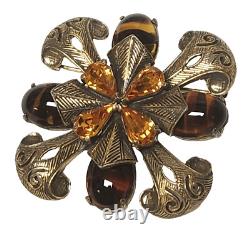 Vintage LES BERNARD Citrine Rhinestone & Striped Art Glass Antique Gold Brooch
