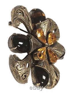 Vintage LES BERNARD Citrine Rhinestone & Striped Art Glass Antique Gold Brooch