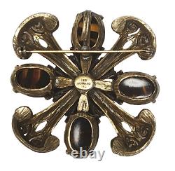 Vintage LES BERNARD Citrine Rhinestone & Striped Art Glass Antique Gold Brooch