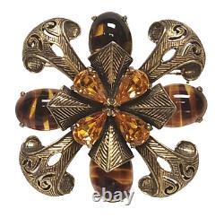Vintage LES BERNARD Citrine Rhinestone & Striped Art Glass Antique Gold Brooch