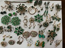 Vintage LOT Green Jeweled Tones Rhinestones Pins/Brooches, Dress Clip & Earrings