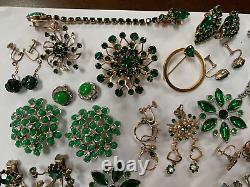 Vintage LOT Green Jeweled Tones Rhinestones Pins/Brooches, Dress Clip & Earrings