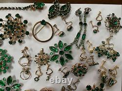 Vintage LOT Green Jeweled Tones Rhinestones Pins/Brooches, Dress Clip & Earrings