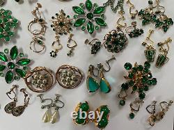 Vintage LOT Green Jeweled Tones Rhinestones Pins/Brooches, Dress Clip & Earrings