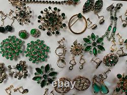 Vintage LOT Green Jeweled Tones Rhinestones Pins/Brooches, Dress Clip & Earrings