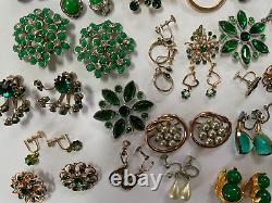 Vintage LOT Green Jeweled Tones Rhinestones Pins/Brooches, Dress Clip & Earrings