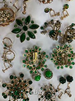 Vintage LOT Green Jeweled Tones Rhinestones Pins/Brooches, Dress Clip & Earrings