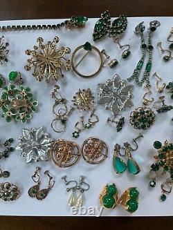 Vintage LOT Green Jeweled Tones Rhinestones Pins/Brooches, Dress Clip & Earrings