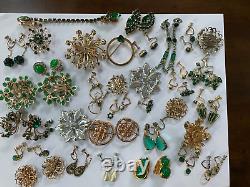 Vintage LOT Green Jeweled Tones Rhinestones Pins/Brooches, Dress Clip & Earrings