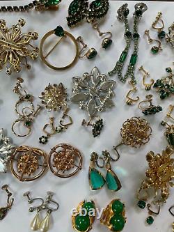 Vintage LOT Green Jeweled Tones Rhinestones Pins/Brooches, Dress Clip & Earrings