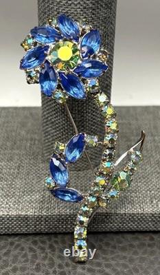 Vintage Large Blue AB Green Crystal Rhinestone Flower Brooch Pin