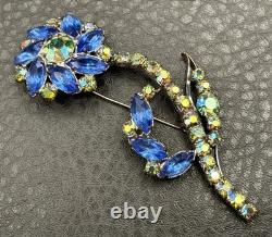Vintage Large Blue AB Green Crystal Rhinestone Flower Brooch Pin