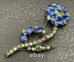 Vintage Large Blue AB Green Crystal Rhinestone Flower Brooch Pin