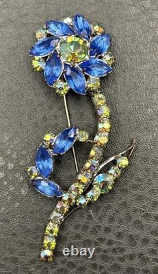 Vintage Large Blue AB Green Crystal Rhinestone Flower Brooch Pin