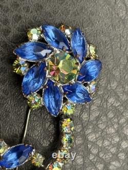 Vintage Large Blue AB Green Crystal Rhinestone Flower Brooch Pin