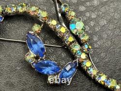 Vintage Large Blue AB Green Crystal Rhinestone Flower Brooch Pin