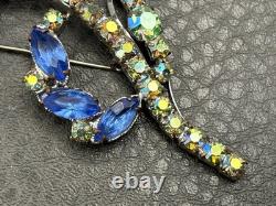 Vintage Large Blue AB Green Crystal Rhinestone Flower Brooch Pin