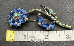 Vintage Large Blue AB Green Crystal Rhinestone Flower Brooch Pin