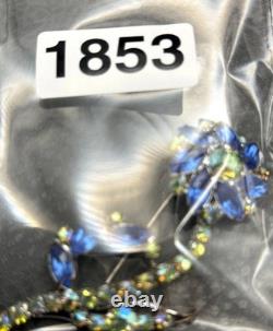 Vintage Large Blue AB Green Crystal Rhinestone Flower Brooch Pin