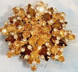 Vintage Large D&E Juliana Amber Brown Layered Rhinestone Brooch Pin- Sparkly