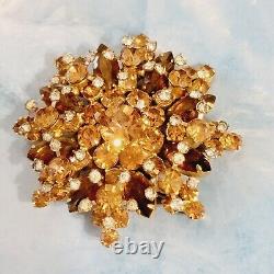 Vintage Large D&E Juliana Amber Brown Layered Rhinestone Brooch Pin- Sparkly