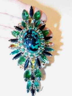 Vintage Large JULIANA Green Art Glass RHINESTONE Cabochon Egg Brooch Pin