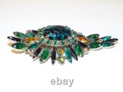 Vintage Large JULIANA Green Art Glass RHINESTONE Cabochon Egg Brooch Pin