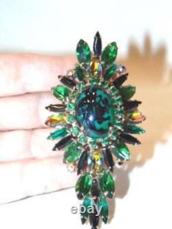 Vintage Large JULIANA Green Art Glass RHINESTONE Cabochon Egg Brooch Pin