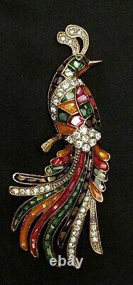 Vintage Large Multi Colored Bird With White Rhinestones Pin Brooch