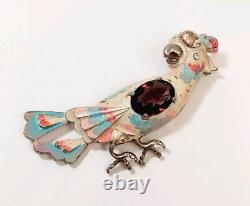 Vintage Large Reja Cockatoo Bird Pink Blue Enamel Purple Rhinestone Brooch