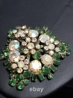 Vintage Large Rhinestone Brooch Green/Clear Iridescent Lapel Pin Statement Piece