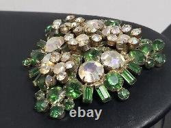 Vintage Large Rhinestone Brooch Green/Clear Iridescent Lapel Pin Statement Piece