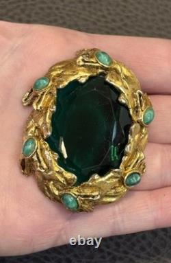 Vintage Large Signed Brooch Green Marble Cabochons Gold Tone High End Quality