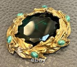 Vintage Large Signed Brooch Green Marble Cabochons Gold Tone High End Quality