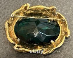 Vintage Large Signed Brooch Green Marble Cabochons Gold Tone High End Quality
