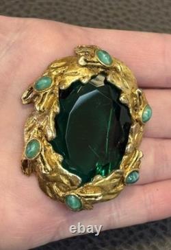 Vintage Large Signed Brooch Green Marble Cabochons Gold Tone High End Quality