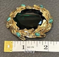 Vintage Large Signed Brooch Green Marble Cabochons Gold Tone High End Quality