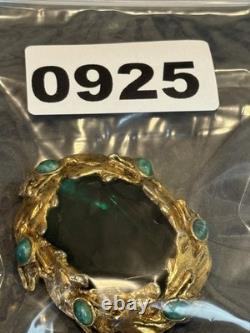 Vintage Large Signed Brooch Green Marble Cabochons Gold Tone High End Quality