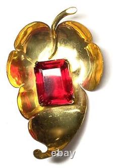 Vintage Large Signed Coro Gold Sterling Leaf Stunning Red Rhinestone Brooch Pin