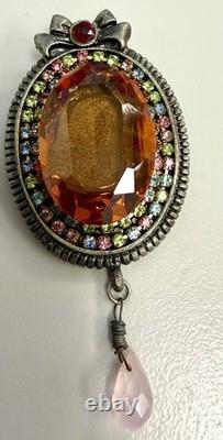 Vintage Large Statement Rhinestone Brooch Oval Amber Glass Pink Dangling Drop
