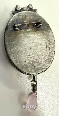 Vintage Large Statement Rhinestone Brooch Oval Amber Glass Pink Dangling Drop