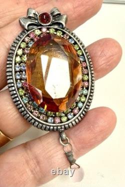 Vintage Large Statement Rhinestone Brooch Oval Amber Glass Pink Dangling Drop