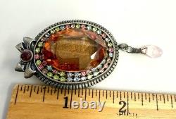Vintage Large Statement Rhinestone Brooch Oval Amber Glass Pink Dangling Drop