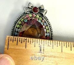 Vintage Large Statement Rhinestone Brooch Oval Amber Glass Pink Dangling Drop